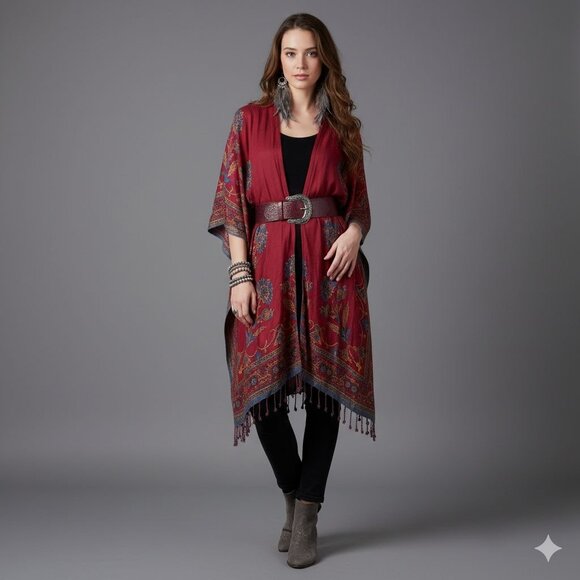 Colleen Lopez Boho Lagenlook Woven Reversible Ruana Fringe Cardigan Shawl XL - Picture 1 of 13